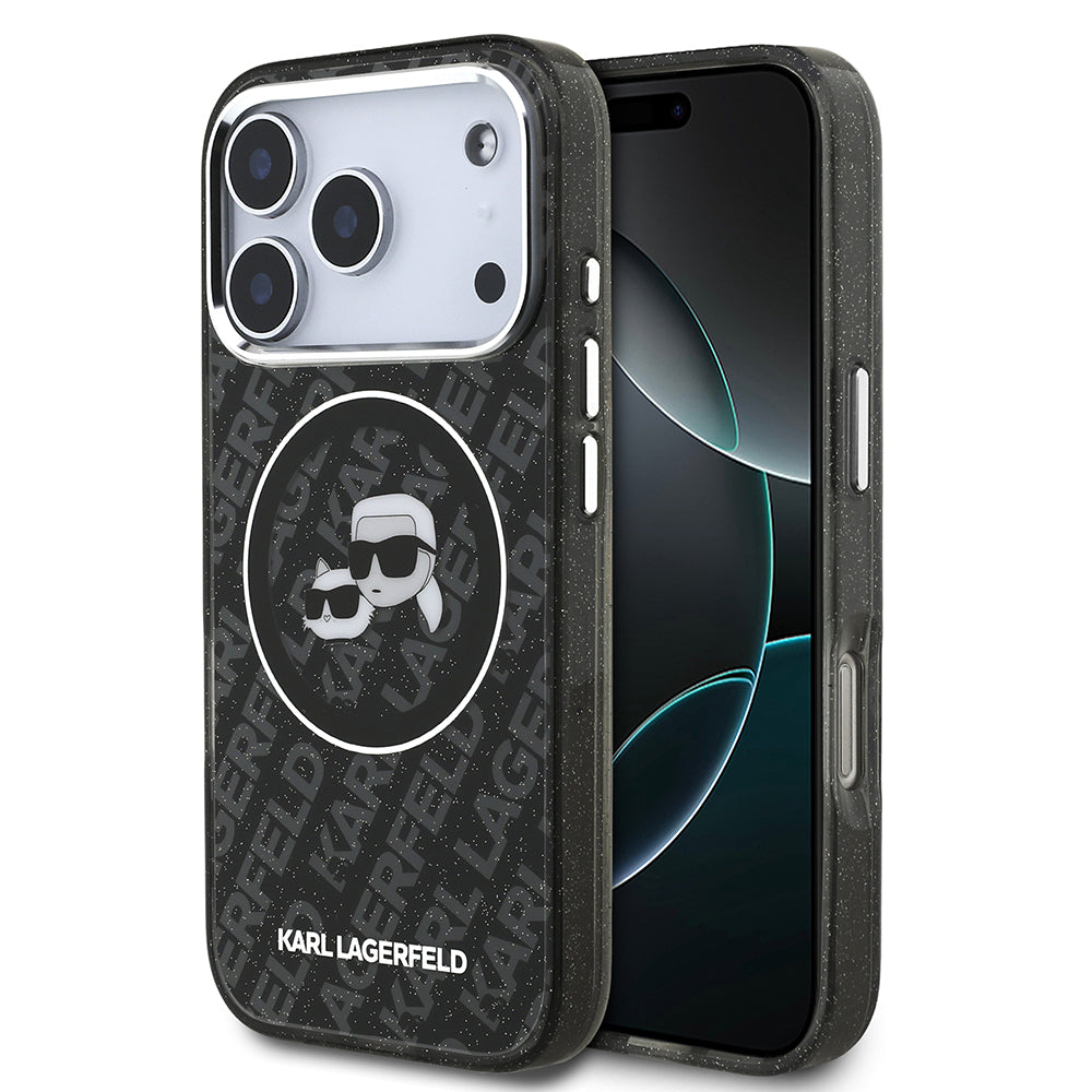 Apple iPhone 17 Pro Max Kılıf Karl Lagerfeld Orjinal Lisanslı Parlayan Simli Karl & Choupette Heads Kapak Siyah