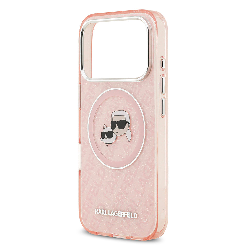 Apple iPhone 17 Pro Max Kılıf Karl Lagerfeld Orjinal Lisanslı Parlayan Simli Karl & Choupette Heads Kapak Pembe