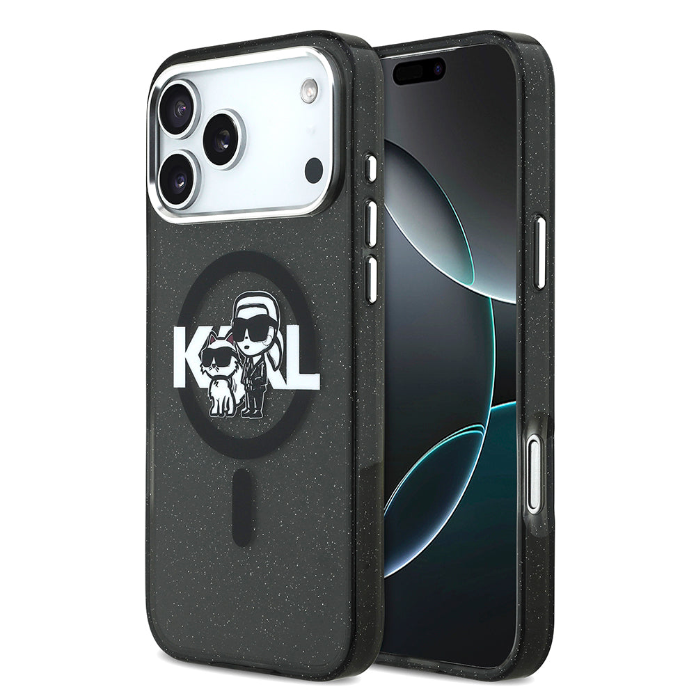 Apple iPhone 17 Pro Max Kılıf Karl Lagerfeld Orjinal Lisanslı Parlayan Simli Karl & Choupette Sketch Logo Kapak Siyah