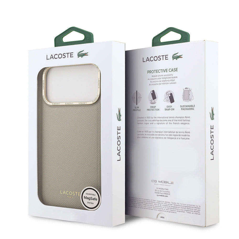 Apple iPhone 17 Pro Max Kılıf Lacoste Orjinal Lisanslı M-safe Şarj Özellikli Champs Elysees PU Deri Tasarımlı Kapak Gri
