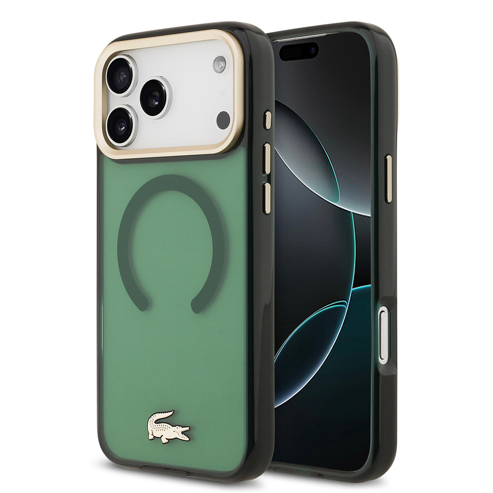 Apple iPhone 17 Pro Max Kılıf Lacoste Orjinal Lisanslı M-safe Şarj Özellikli Gold Timsah Logolu Buzlu Kapak Yeşil
