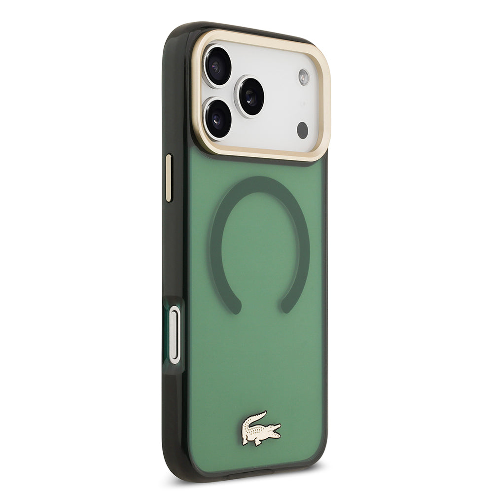 Apple iPhone 17 Pro Max Kılıf Lacoste Orjinal Lisanslı M-safe Şarj Özellikli Gold Timsah Logolu Buzlu Kapak Yeşil