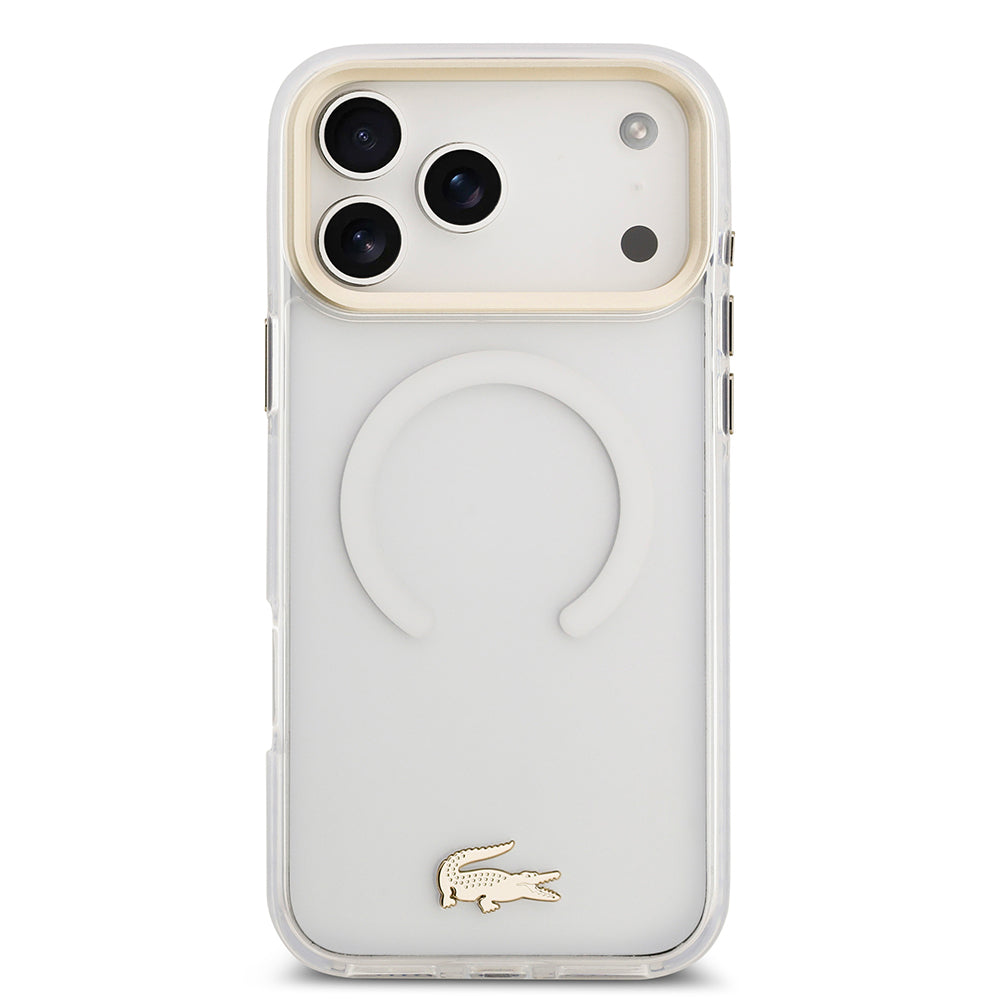 Apple iPhone 17 Pro Max Kılıf Lacoste Orjinal Lisanslı M-safe Şarj Özellikli Gold Timsah Logolu Buzlu Kapak Beyaz