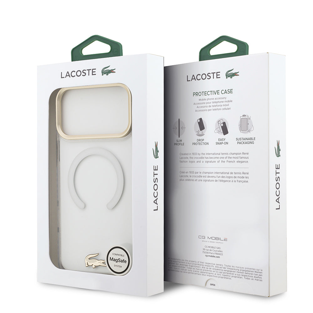 Apple iPhone 17 Pro Max Kılıf Lacoste Orjinal Lisanslı M-safe Şarj Özellikli Gold Timsah Logolu Buzlu Kapak Beyaz