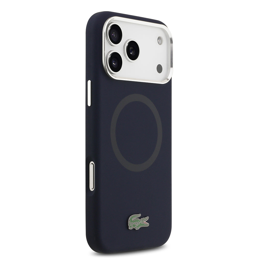 Apple iPhone 17 Pro Max Kılıf Lacoste Orjinal Lisanslı M-safe Şarj Özellikli İkonik Logolu Metal Kamera Çerçeveli Silikon Kapak Lacivert