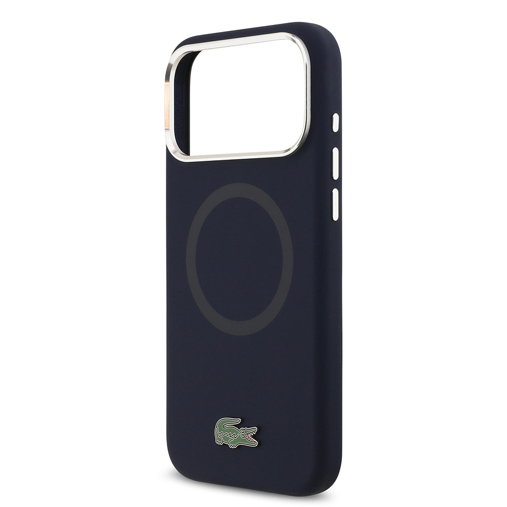 Apple iPhone 17 Pro Max Kılıf Lacoste Orjinal Lisanslı M-safe Şarj Özellikli İkonik Logolu Metal Kamera Çerçeveli Silikon Kapak Lacivert