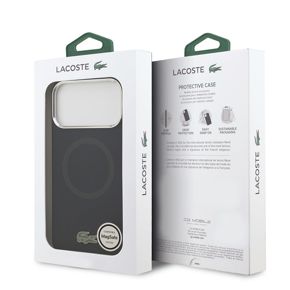 Apple iPhone 17 Pro Max Kılıf Lacoste Orjinal Lisanslı M-safe Şarj Özellikli İkonik Logolu Metal Kamera Çerçeveli Silikon Kapak Lacivert