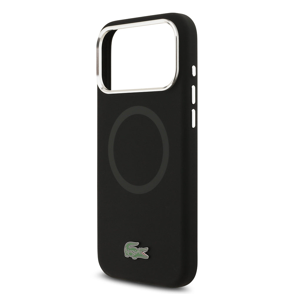 Apple iPhone 17 Pro Max Kılıf Lacoste Orjinal Lisanslı M-safe Şarj Özellikli İkonik Logolu Metal Kamera Çerçeveli Silikon Kapak Siyah