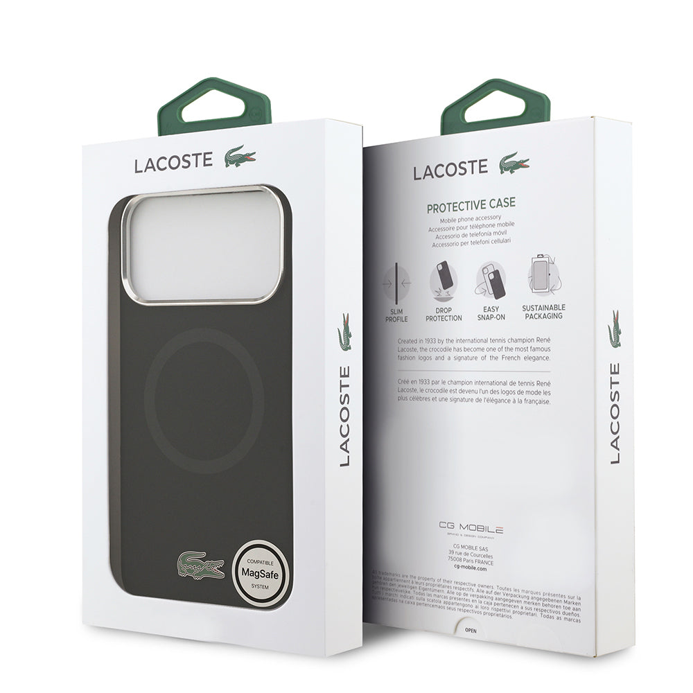 Apple iPhone 17 Pro Max Kılıf Lacoste Orjinal Lisanslı M-safe Şarj Özellikli İkonik Logolu Metal Kamera Çerçeveli Silikon Kapak Siyah