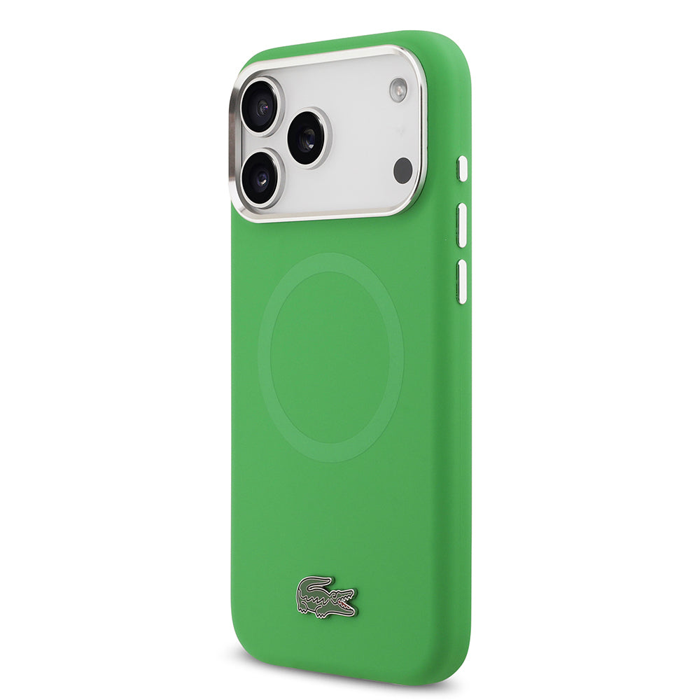 Apple iPhone 17 Pro Max Kılıf Lacoste Orjinal Lisanslı M-safe Şarj Özellikli İkonik Logolu Metal Kamera Çerçeveli Silikon Kapak Yeşil
