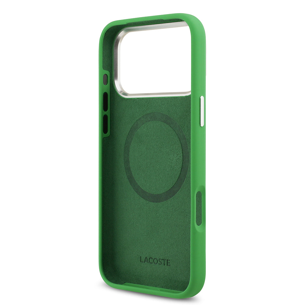 Apple iPhone 17 Pro Max Kılıf Lacoste Orjinal Lisanslı M-safe Şarj Özellikli İkonik Logolu Metal Kamera Çerçeveli Silikon Kapak Yeşil