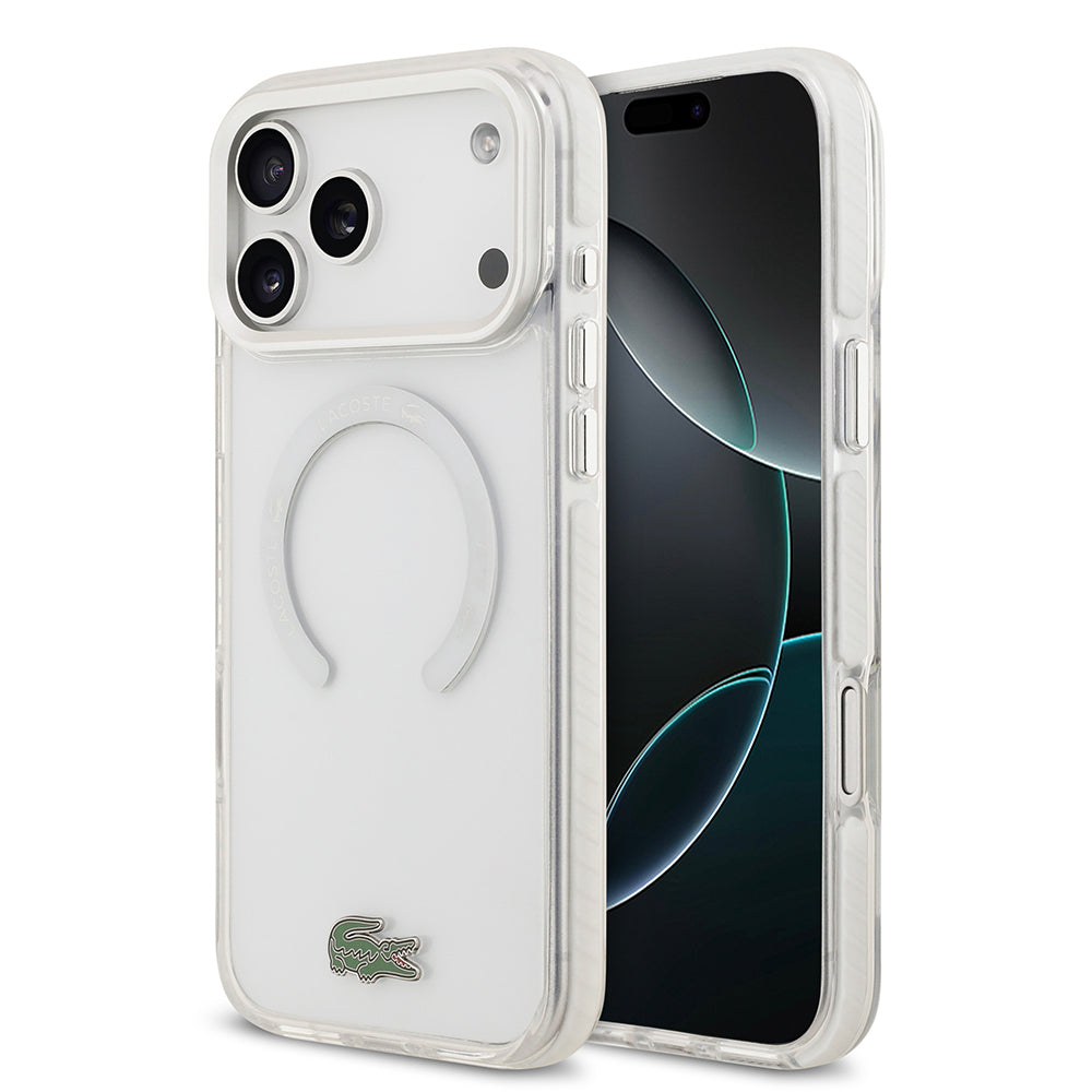 Apple iPhone 17 Pro Max Kılıf Lacoste Orjinal Lisanslı M-safe Şarj Özellikli İkonik Timsah Logolu Buzlu Kapak Beyaz