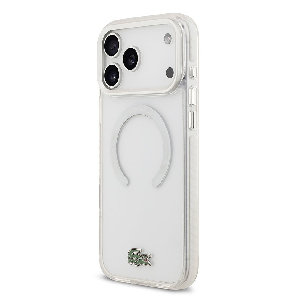 Apple iPhone 17 Pro Max Kılıf Lacoste Orjinal Lisanslı M-safe Şarj Özellikli İkonik Timsah Logolu Buzlu Kapak Beyaz