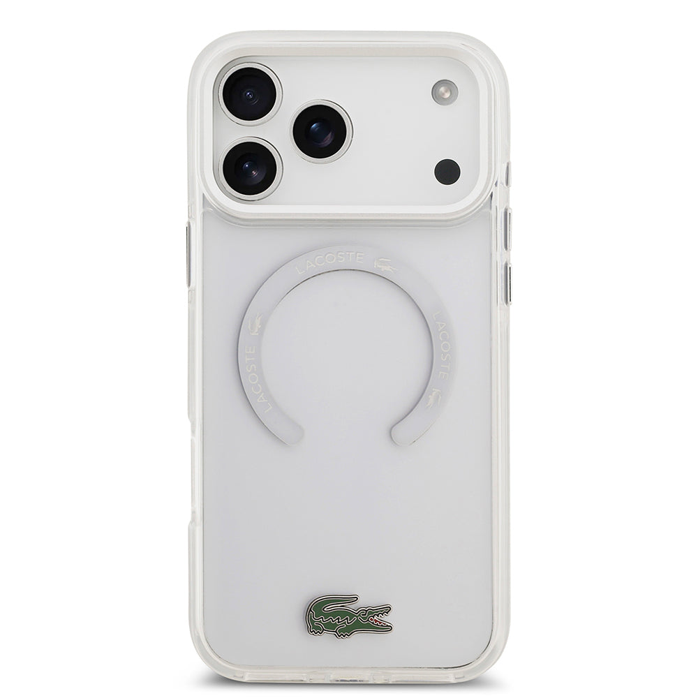 Apple iPhone 17 Pro Max Kılıf Lacoste Orjinal Lisanslı M-safe Şarj Özellikli İkonik Timsah Logolu Buzlu Kapak Beyaz