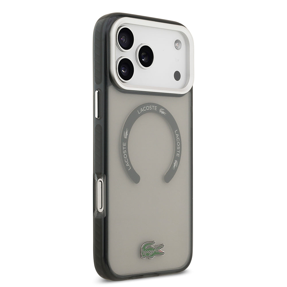 Apple iPhone 17 Pro Max Kılıf Lacoste Orjinal Lisanslı M-safe Şarj Özellikli İkonik Timsah Logolu Buzlu Kapak Gri