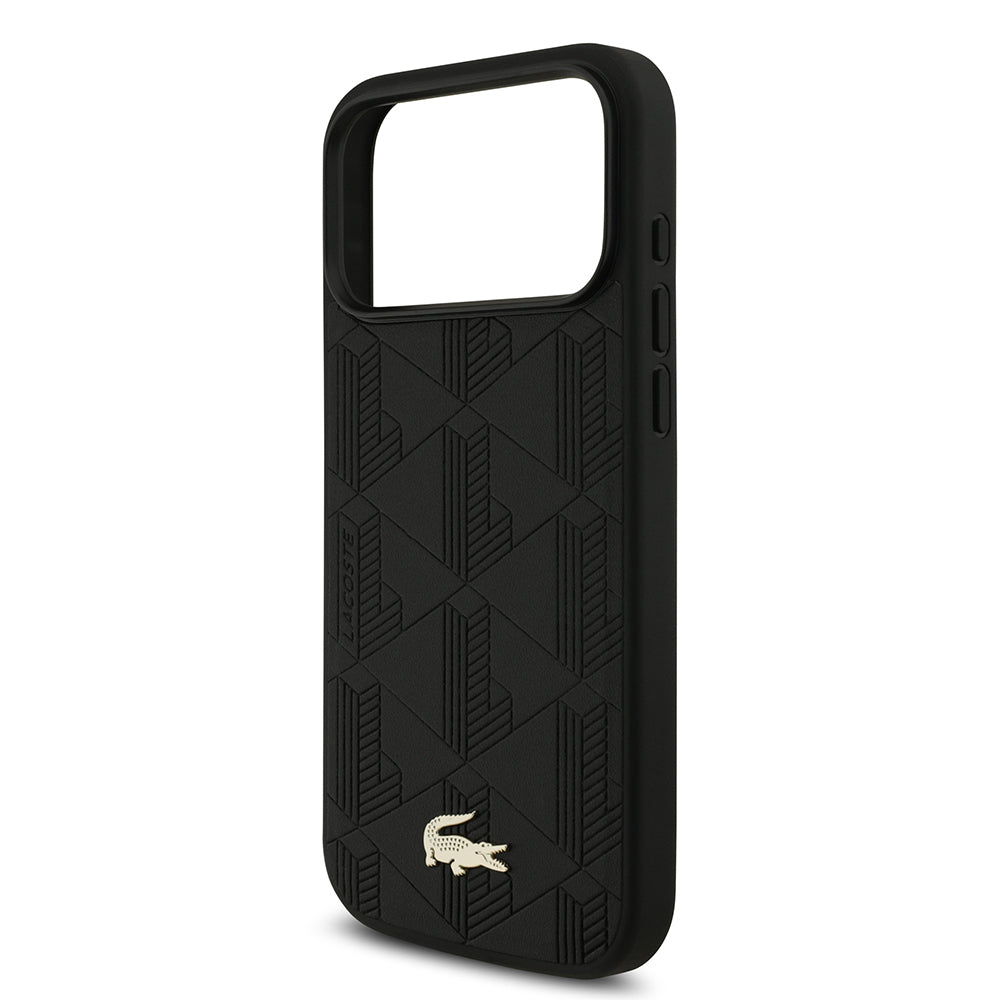 Apple iPhone 17 Pro Max Kılıf Lacoste Orjinal Lisanslı M-safe Şarj Özellikli PU Deri Tasarımlı Karışık Monogram Desenli Kapak Siyah