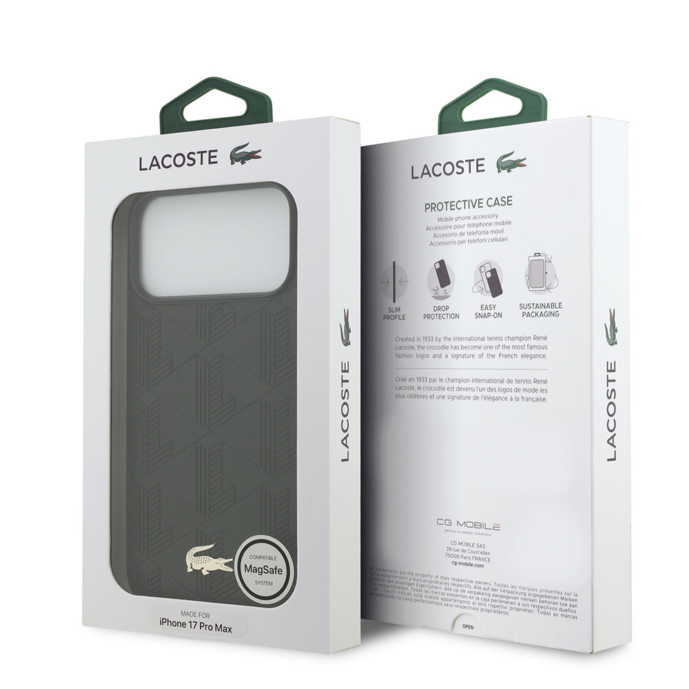 Apple iPhone 17 Pro Max Kılıf Lacoste Orjinal Lisanslı M-safe Şarj Özellikli PU Deri Tasarımlı Karışık Monogram Desenli Kapak Siyah