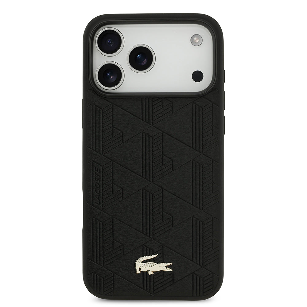 Apple iPhone 17 Pro Max Kılıf Lacoste Orjinal Lisanslı M-safe Şarj Özellikli PU Deri Tasarımlı Karışık Monogram Desenli Kapak Siyah