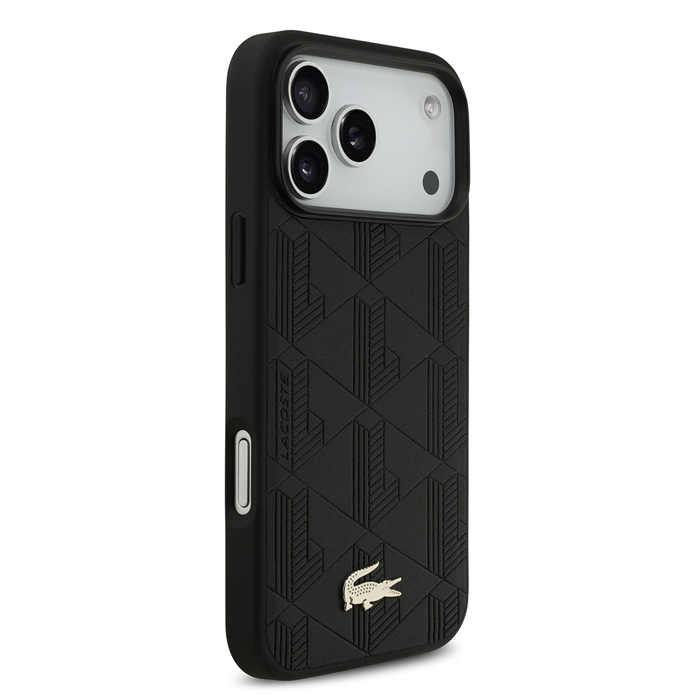 Apple iPhone 17 Pro Max Kılıf Lacoste Orjinal Lisanslı M-safe Şarj Özellikli PU Deri Tasarımlı Karışık Monogram Desenli Kapak Bej