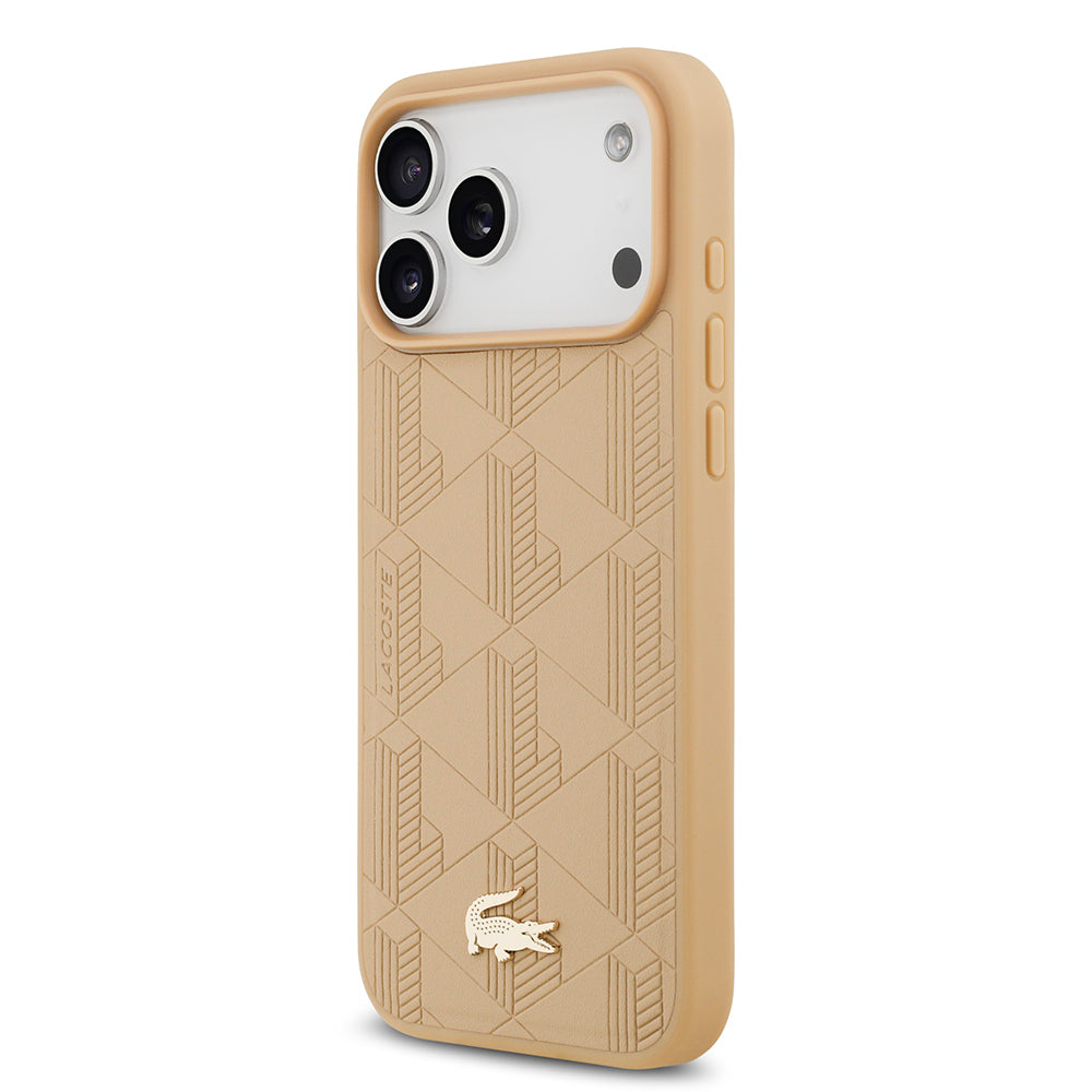 Apple iPhone 17 Pro Max Kılıf Lacoste Orjinal Lisanslı M-safe Şarj Özellikli PU Deri Tasarımlı Karışık Monogram Desenli Kapak Bej