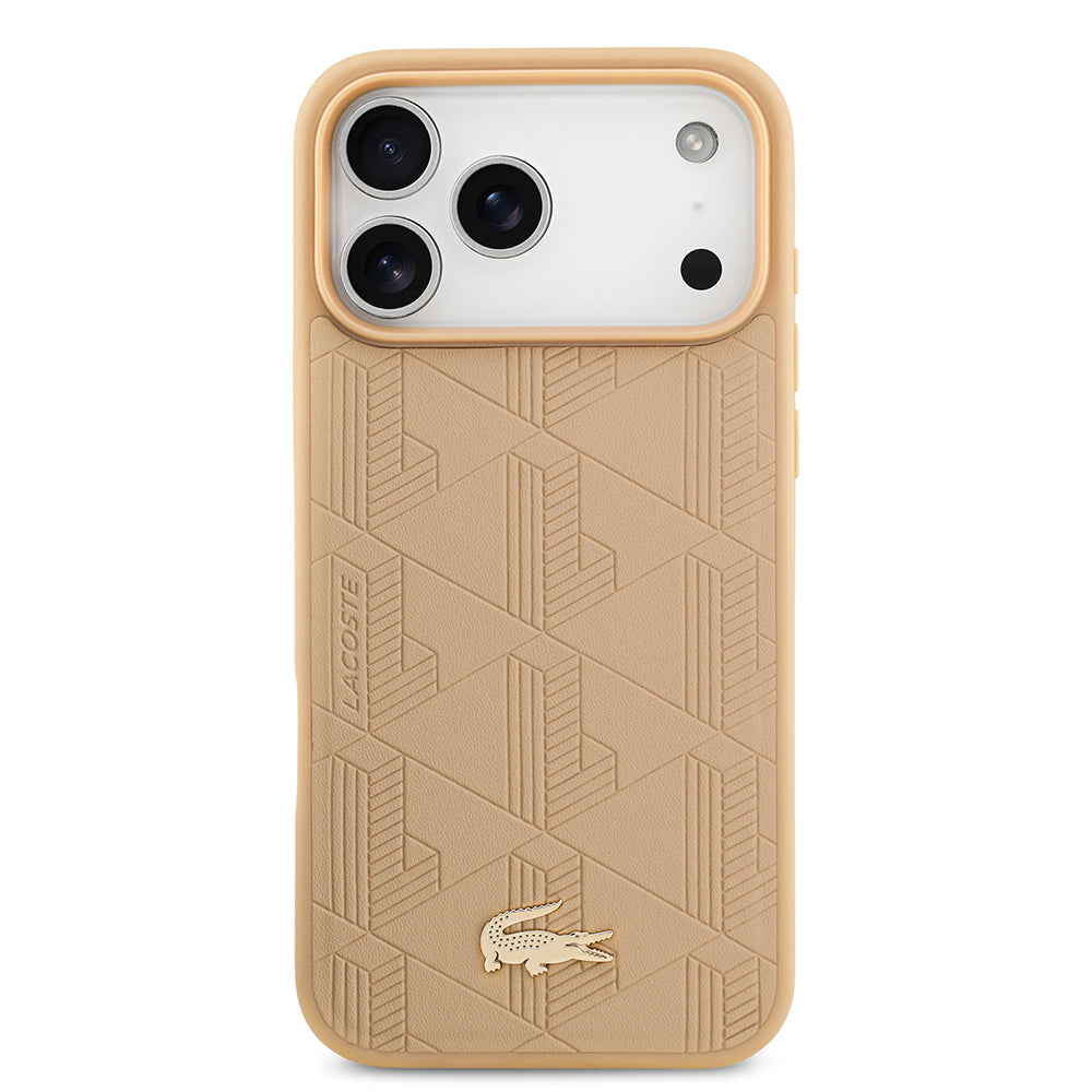 Apple iPhone 17 Pro Max Kılıf Lacoste Orjinal Lisanslı M-safe Şarj Özellikli PU Deri Tasarımlı Karışık Monogram Desenli Kapak Siyah