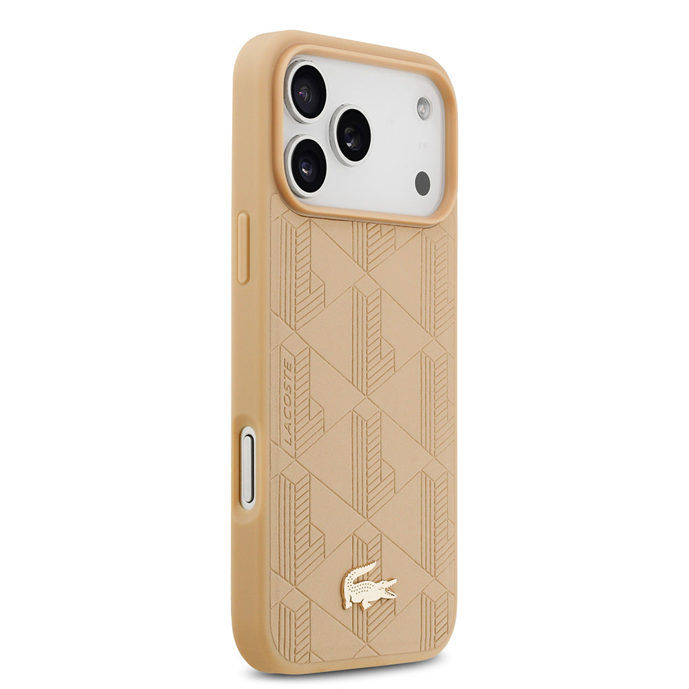 Apple iPhone 17 Pro Max Kılıf Lacoste Orjinal Lisanslı M-safe Şarj Özellikli PU Deri Tasarımlı Karışık Monogram Desenli Kapak Siyah