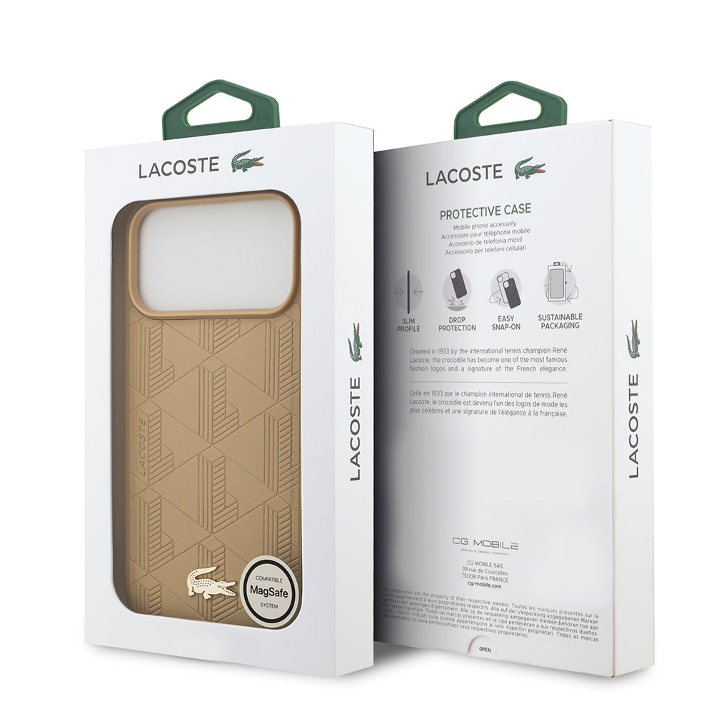 Apple iPhone 17 Pro Max Kılıf Lacoste Orjinal Lisanslı M-safe Şarj Özellikli PU Deri Tasarımlı Karışık Monogram Desenli Kapak Siyah