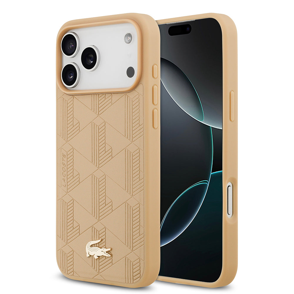 Apple iPhone 17 Pro Max Kılıf Lacoste Orjinal Lisanslı M-safe Şarj Özellikli PU Deri Tasarımlı Karışık Monogram Desenli Kapak Bej