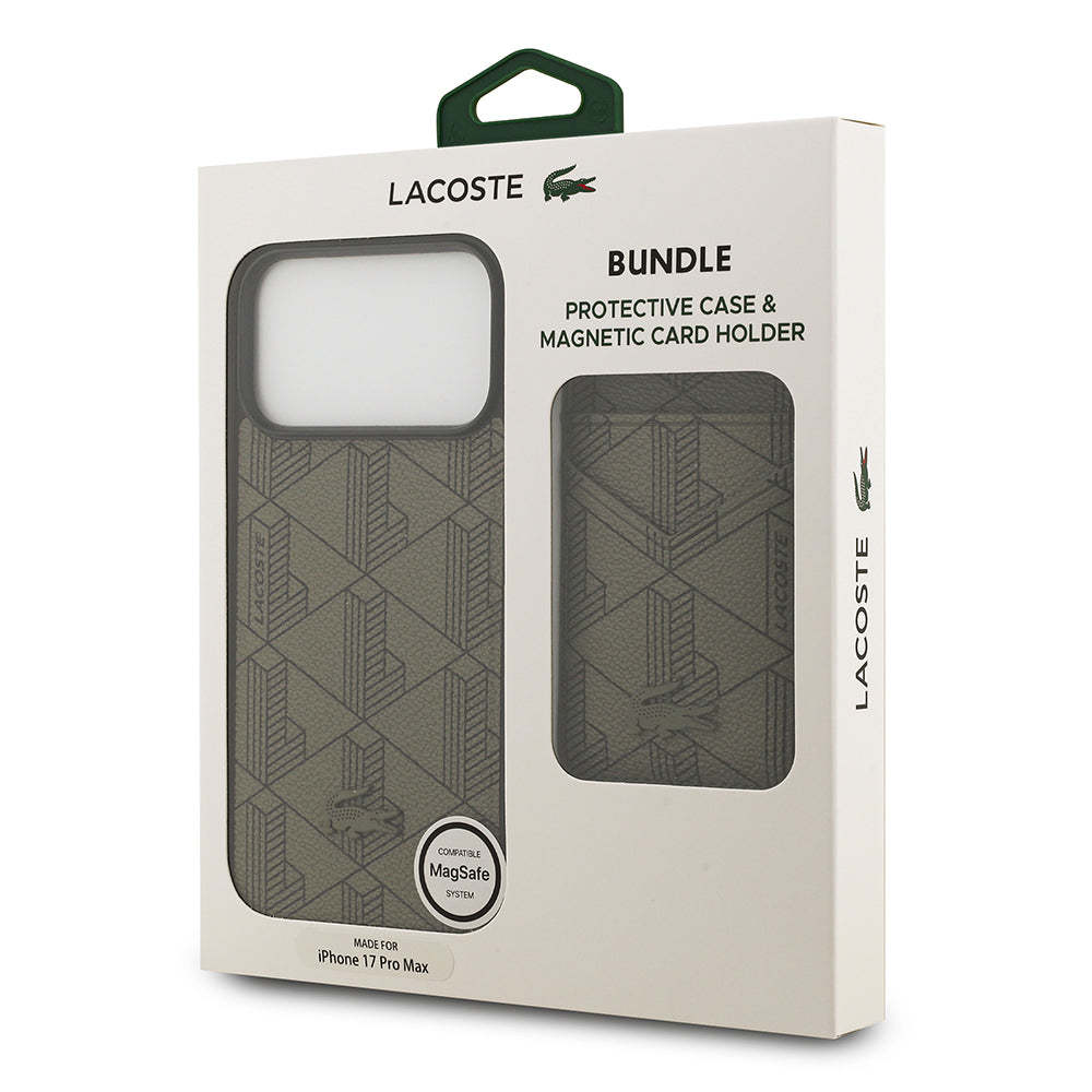 Apple iPhone 17 Pro Max Kılıf Lacoste Orjinal Lisanslı M-safe Şarj Özellikli PU Deri Tasarımlı Kartlıklı Karışık Monogram Desenli Kapak Yeşil
