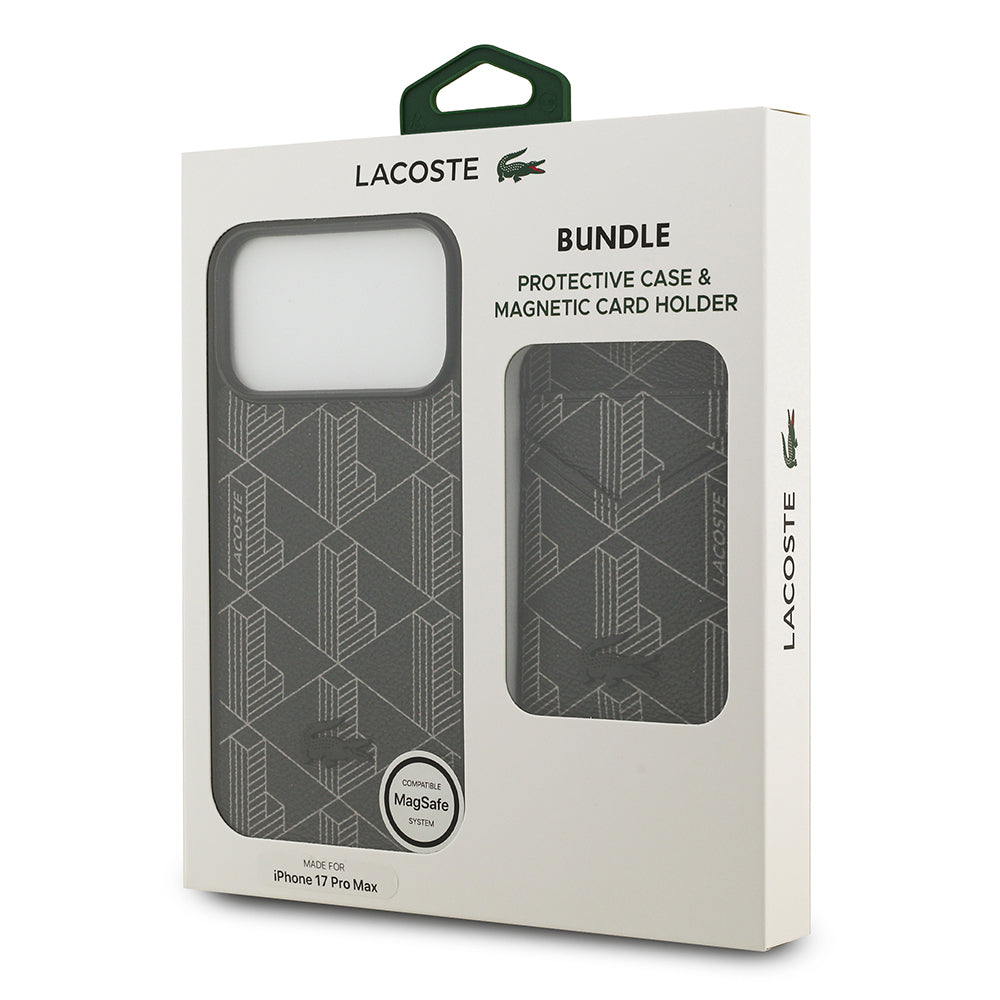 Apple iPhone 17 Pro Max Kılıf Lacoste Orjinal Lisanslı M-safe Şarj Özellikli PU Deri Tasarımlı Kartlıklı Karışık Monogram Desenli Kapak Yeşil