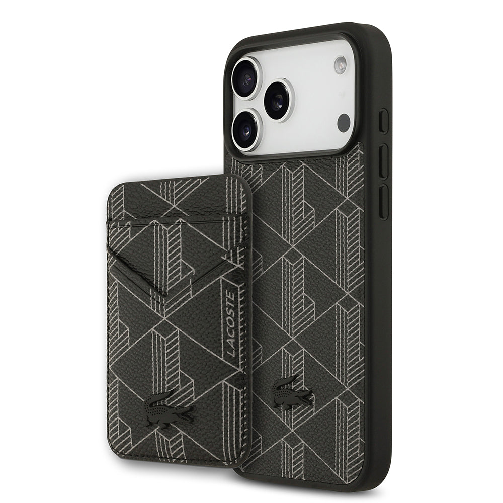 Apple iPhone 17 Pro Max Kılıf Lacoste Orjinal Lisanslı M-safe Şarj Özellikli PU Deri Tasarımlı Kartlıklı Karışık Monogram Desenli Kapak Siyah