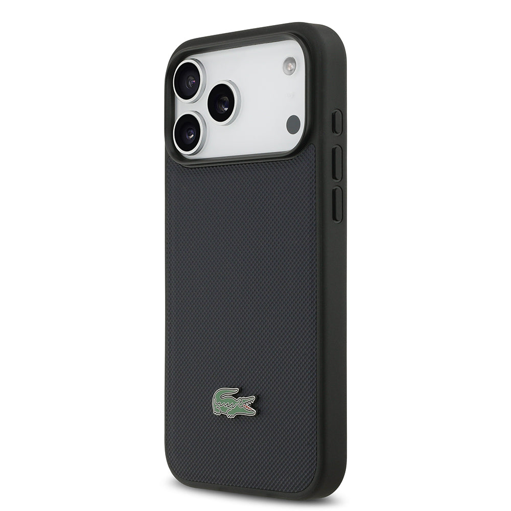 Apple iPhone 17 Pro Max Kılıf Lacoste Orjinal Lisanslı M-safe Şarj Özellikli PU Pike Desenli Metal Logolu Kapak Lacivert
