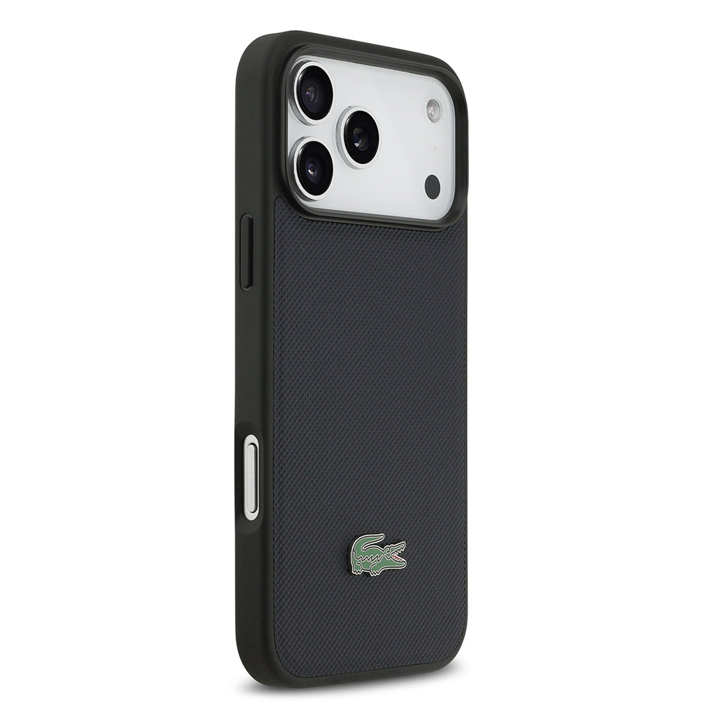 Apple iPhone 17 Pro Max Kılıf Lacoste Orjinal Lisanslı M-safe Şarj Özellikli PU Pike Desenli Metal Logolu Kapak Lacivert