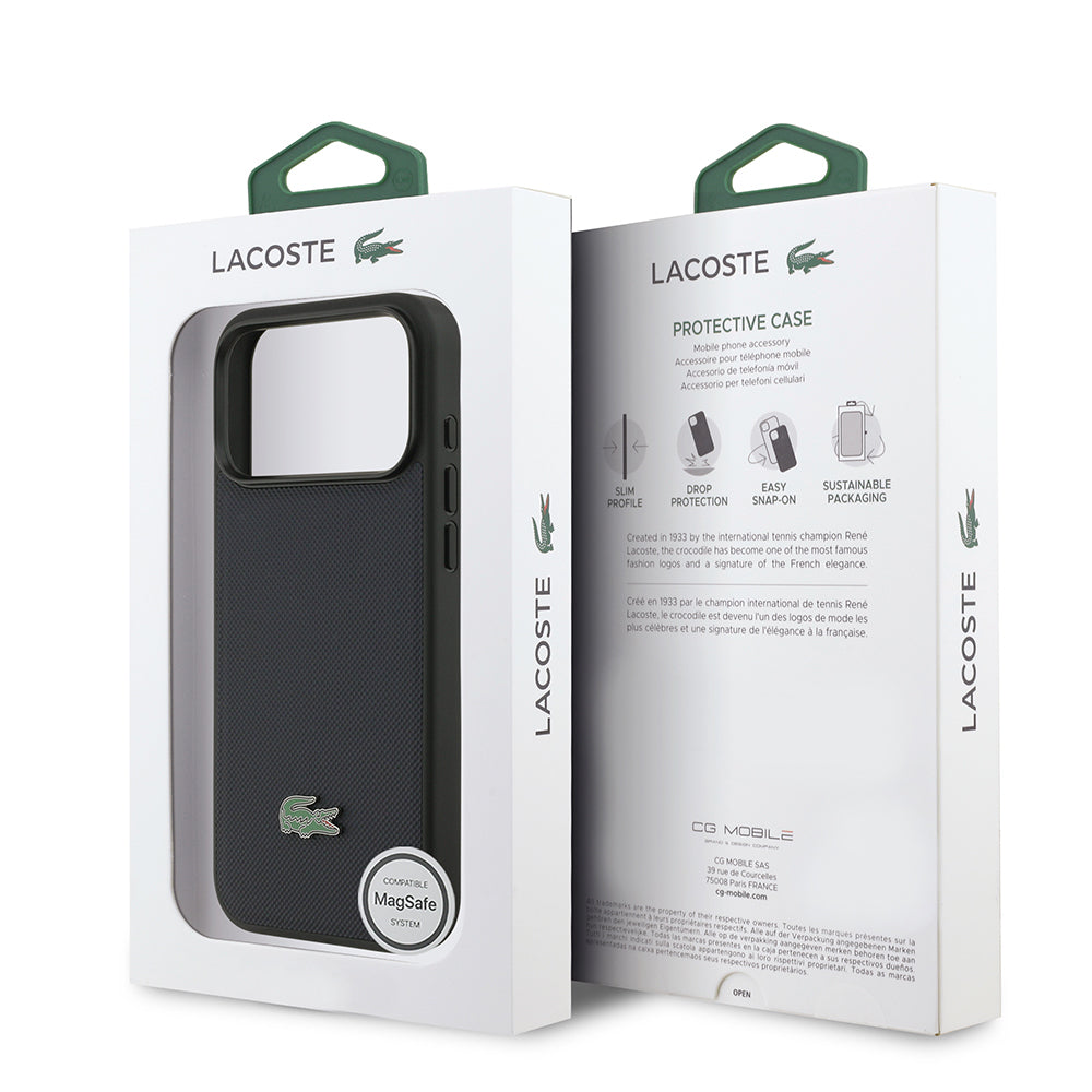 Apple iPhone 17 Pro Max Kılıf Lacoste Orjinal Lisanslı M-safe Şarj Özellikli PU Pike Desenli Metal Logolu Kapak Lacivert