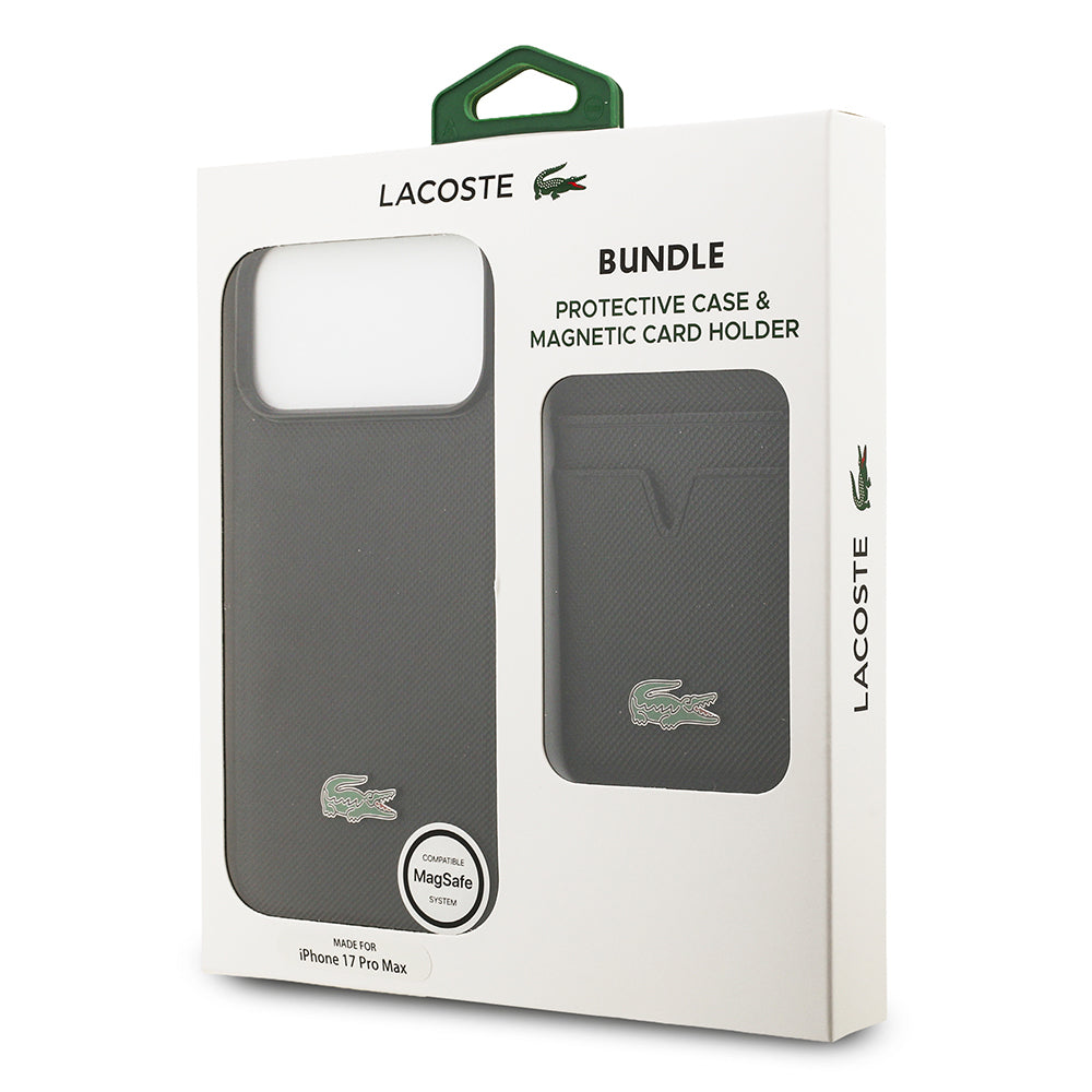 Apple iPhone 17 Pro Max Kılıf Lacoste Orjinal Lisanslı M-safe Şarj Özellikli PU Pike Desenli Metal Logolu Kartlıklı Kapak Siyah