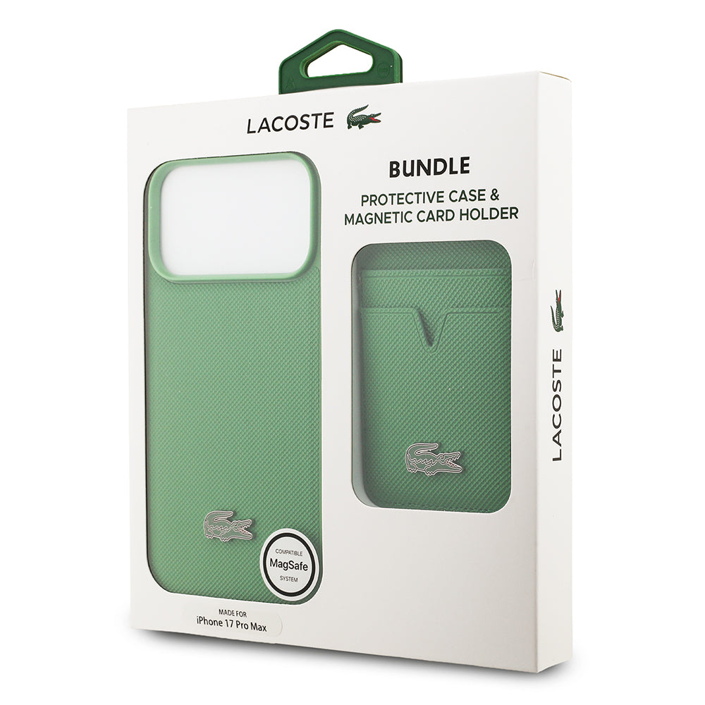 Apple iPhone 17 Pro Max Kılıf Lacoste Orjinal Lisanslı M-safe Şarj Özellikli PU Pike Desenli Metal Logolu Kartlıklı Kapak Yeşil