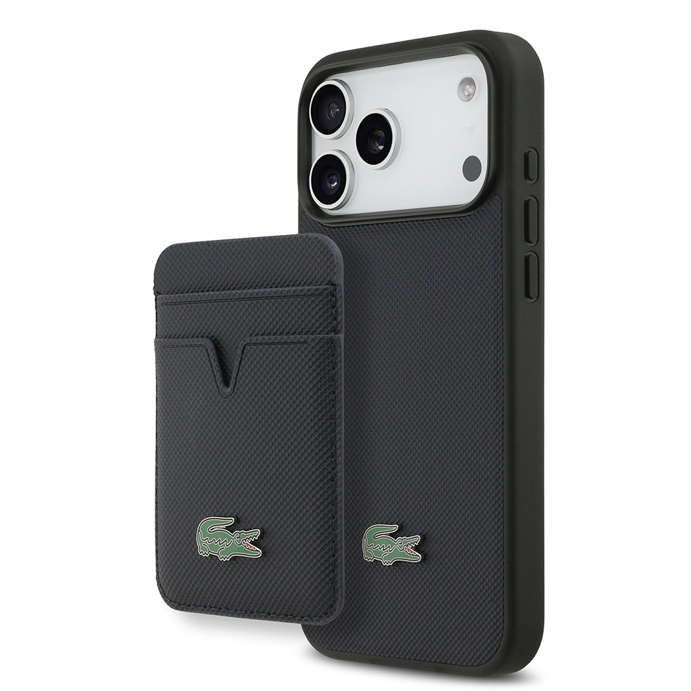 Apple iPhone 17 Pro Max Kılıf Lacoste Orjinal Lisanslı M-safe Şarj Özellikli PU Pike Desenli Metal Logolu Kartlıklı Kapak Lacivert