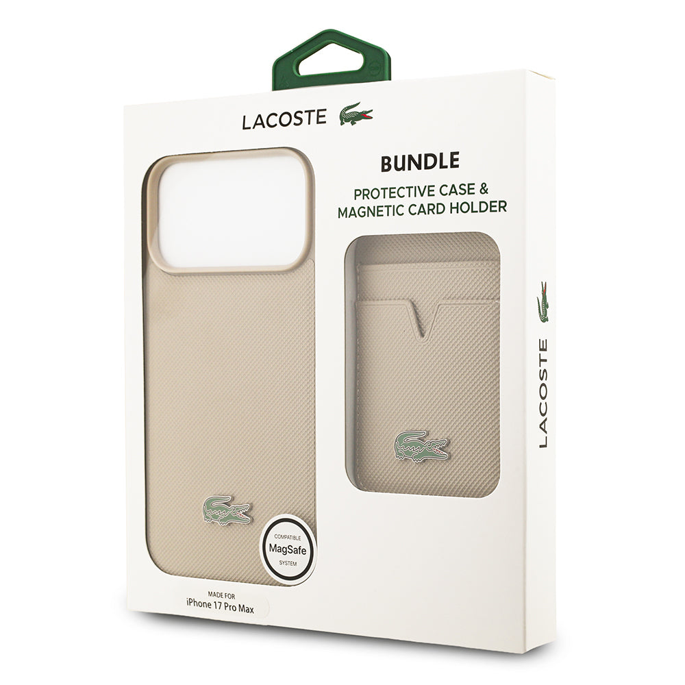 Apple iPhone 17 Pro Max Kılıf Lacoste Orjinal Lisanslı M-safe Şarj Özellikli PU Pike Desenli Metal Logolu Kartlıklı Kapak Bej