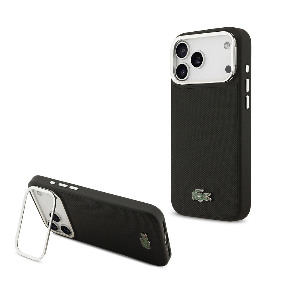 Apple iPhone 17 Pro Max Kılıf Lacoste Orjinal Lisanslı M-safe Şarj Özellikli PU Pike Desenli Standlı Metal Logolu Kapak Koyu Yeşil
