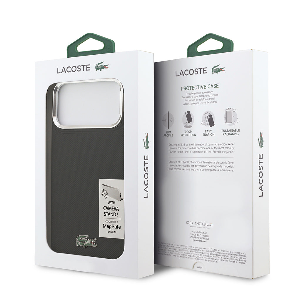 Apple iPhone 17 Pro Max Kılıf Lacoste Orjinal Lisanslı M-safe Şarj Özellikli PU Pike Desenli Standlı Metal Logolu Kapak Koyu Yeşil