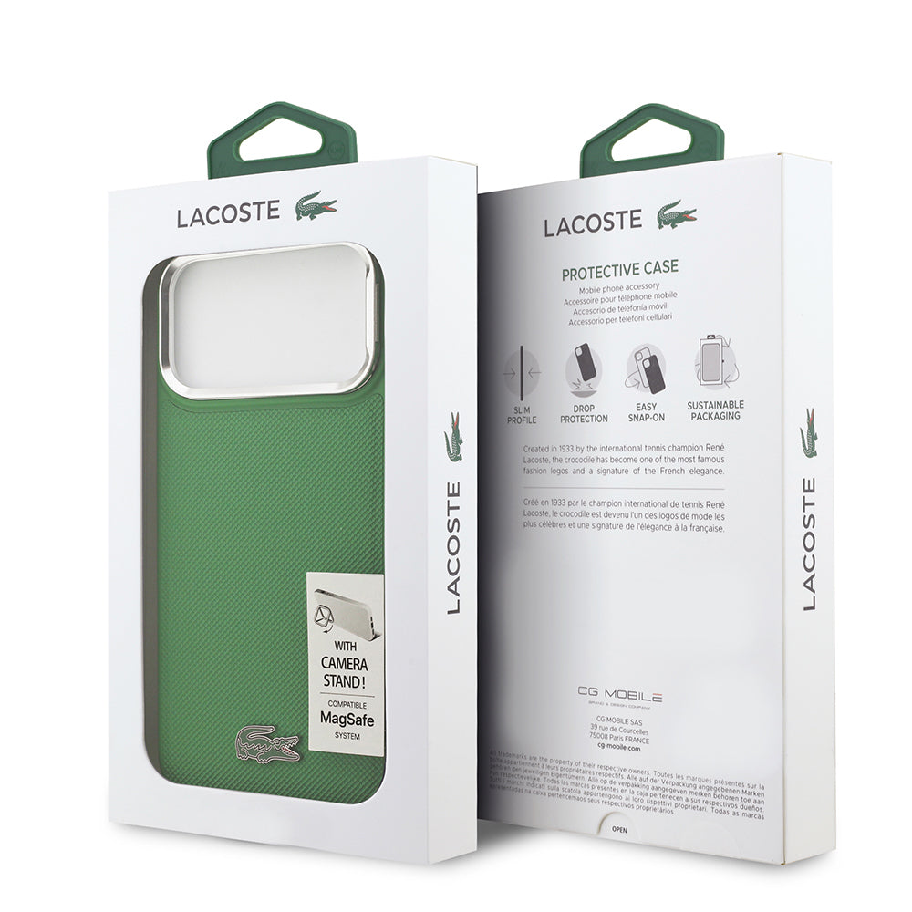 Apple iPhone 17 Pro Max Kılıf Lacoste Orjinal Lisanslı M-safe Şarj Özellikli PU Pike Desenli Standlı Metal Logolu Kapak Yeşil