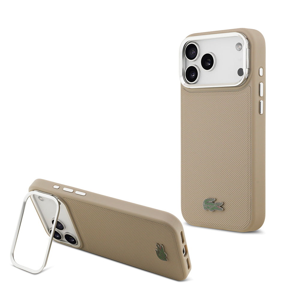 Apple iPhone 17 Pro Max Kılıf Lacoste Orjinal Lisanslı M-safe Şarj Özellikli PU Pike Desenli Standlı Metal Logolu Kapak Bej