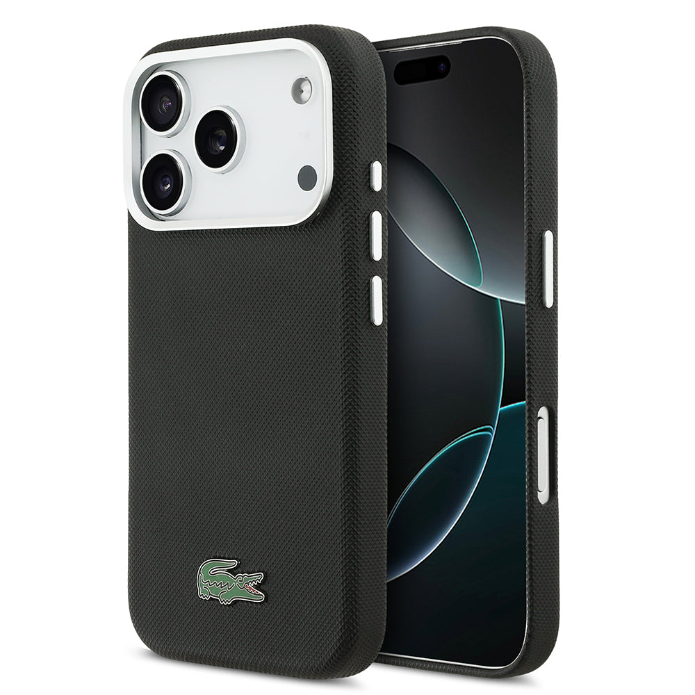 Apple iPhone 17 Pro Max Kılıf Lacoste Orjinal Lisanslı M-Safe Şarj Özellikli PVC Pike Desenli Arka Yüzey İkonik Timsah Dokuma Logolu Kapak Lacivert