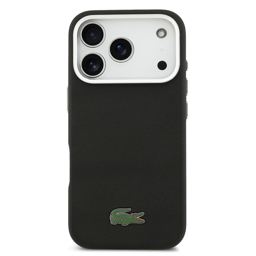 Apple iPhone 17 Pro Max Kılıf Lacoste Orjinal Lisanslı M-Safe Şarj Özellikli PVC Pike Desenli Arka Yüzey İkonik Timsah Dokuma Logolu Kapak Lacivert