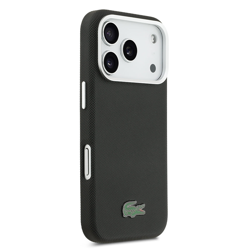 Apple iPhone 17 Pro Max Kılıf Lacoste Orjinal Lisanslı M-Safe Şarj Özellikli PVC Pike Desenli Arka Yüzey İkonik Timsah Dokuma Logolu Kapak Lacivert