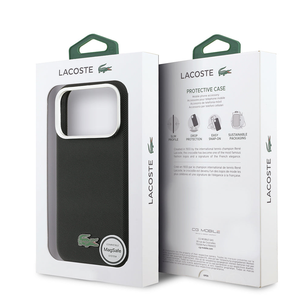 Apple iPhone 17 Pro Max Kılıf Lacoste Orjinal Lisanslı M-Safe Şarj Özellikli PVC Pike Desenli Arka Yüzey İkonik Timsah Dokuma Logolu Kapak Siyah