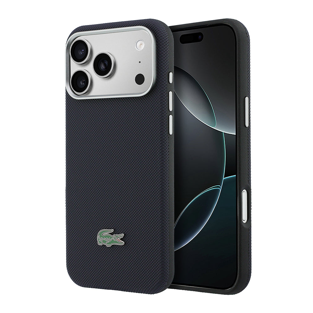 Apple iPhone 17 Pro Max Kılıf Lacoste Orjinal Lisanslı M-Safe Şarj Özellikli PVC Yarı Pike Desenli Arka Yüzey İkonik Timsah Dokuma Logolu Kapak Lacivert