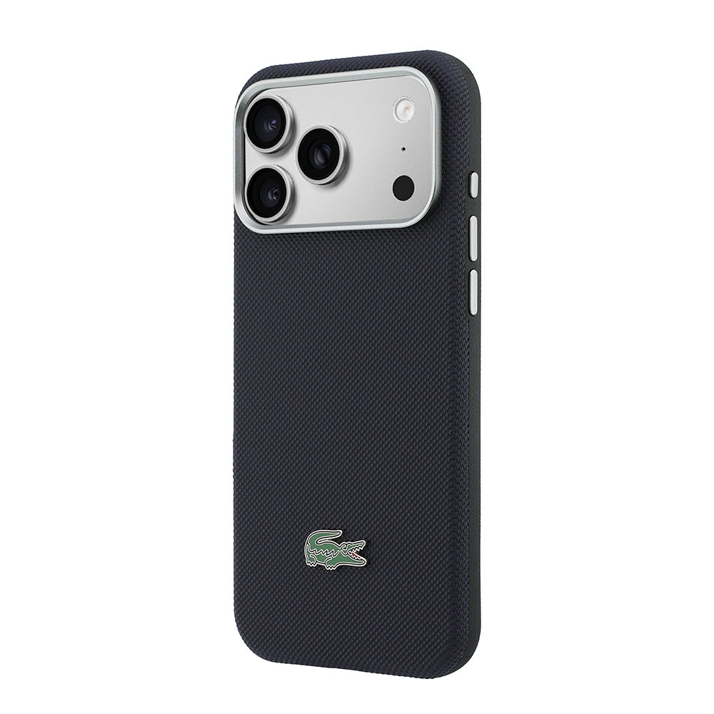 Apple iPhone 17 Pro Max Kılıf Lacoste Orjinal Lisanslı M-Safe Şarj Özellikli PVC Yarı Pike Desenli Arka Yüzey İkonik Timsah Dokuma Logolu Kapak Lacivert