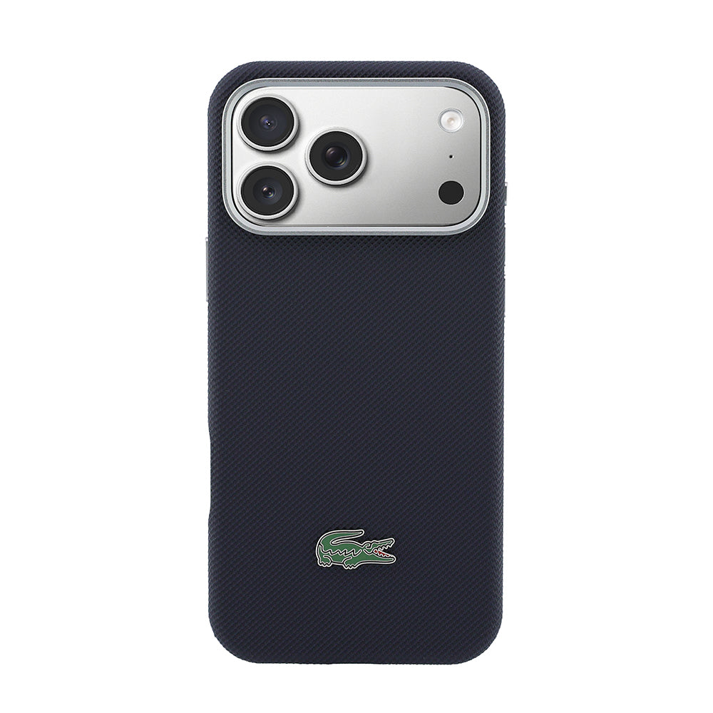 Apple iPhone 17 Pro Max Kılıf Lacoste Orjinal Lisanslı M-Safe Şarj Özellikli PVC Yarı Pike Desenli Arka Yüzey İkonik Timsah Dokuma Logolu Kapak Lacivert