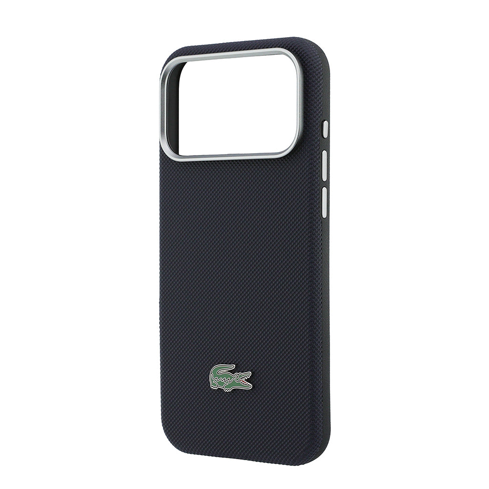 Apple iPhone 17 Pro Max Kılıf Lacoste Orjinal Lisanslı M-Safe Şarj Özellikli PVC Yarı Pike Desenli Arka Yüzey İkonik Timsah Dokuma Logolu Kapak Lacivert